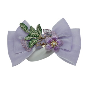 全新紫色大蝴蝶结亮纱弹簧夹刺绣树叶花朵顶夹半夹后脑勺头花横夹