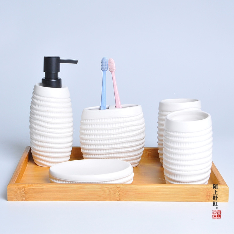 欧式牛角纹陶瓷卫浴洗漱五件套装刷牙漱口杯子卫生间用品用具礼品