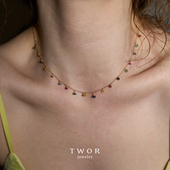 TWOR 手工房彩色蓝红宝石项链女精致复古新款 叠戴祖母绿颈链首饰
