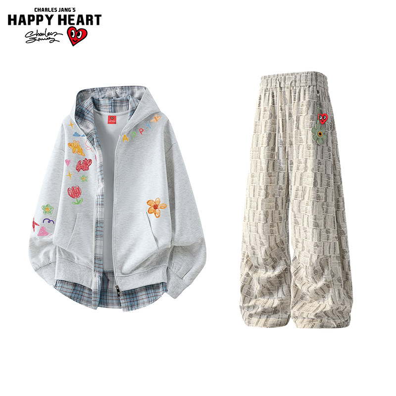 查尔斯桃心休闲运动套装男女春秋美式涂鸦印花开衫卫衣长裤两件套