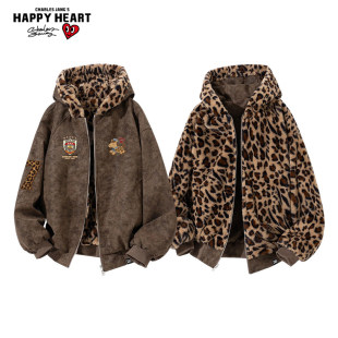 查尔斯桃心美式座山雕豹纹棉服男女冬季双面加厚印花连帽情侣外套