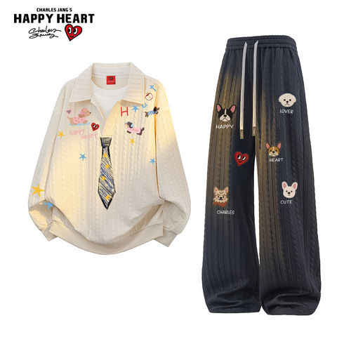 查尔斯桃心学院风领带涂鸦卫衣套装男秋季宽松休闲情侣休闲长裤子