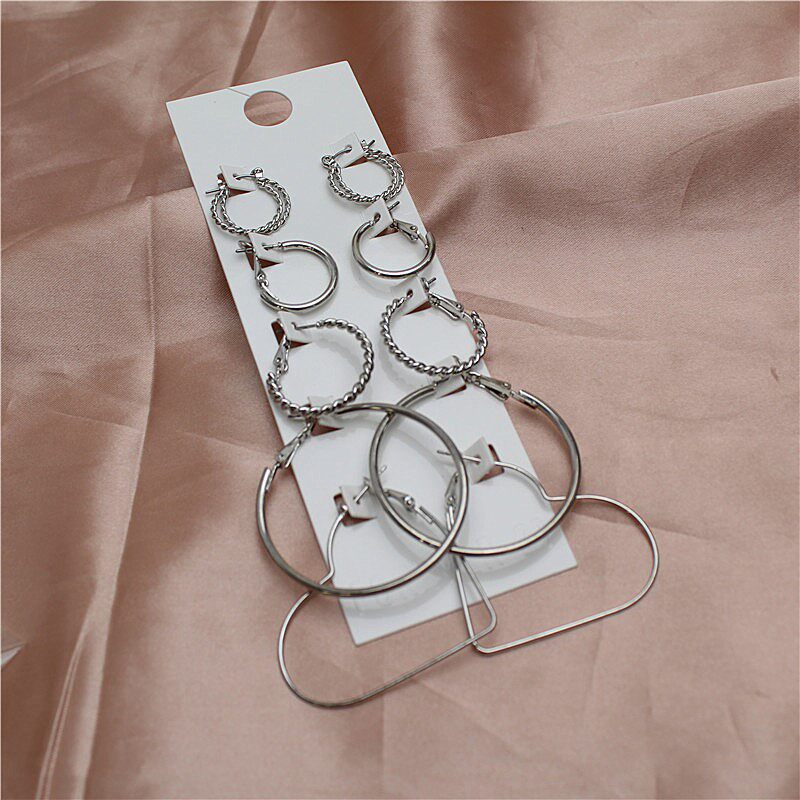 欧美风格新款组合套装耳环白金色麻花圈气质潮流个性耳圈耳饰女
