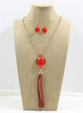 欧美流苏红色长款耳钉项链