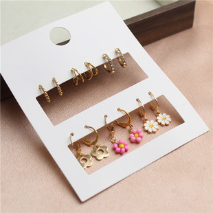 耳环C圈水钻简约滴釉花朵时尚 日韩风格 新款 六对组合套装 耳坠F