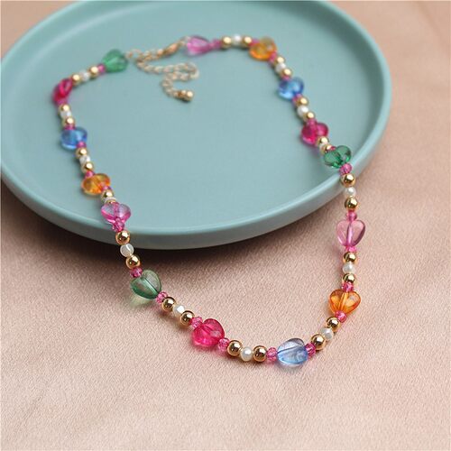 彩色爱心串珠项链女夏季小众