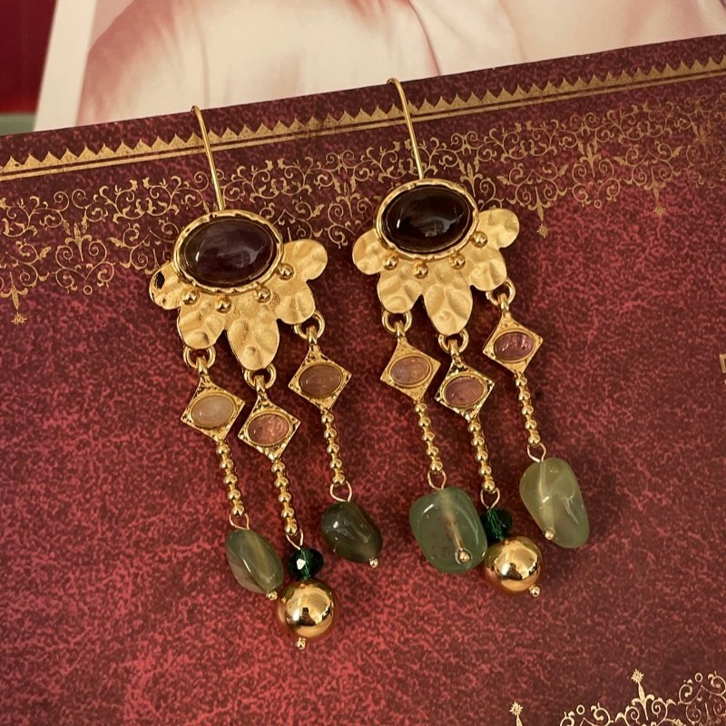 复古金色花朵流苏耳环女绿色石头长款高级感中式古典耳饰耳坠