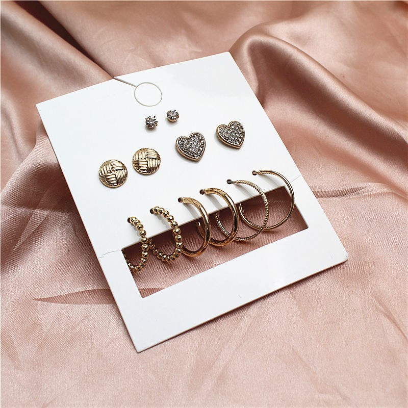 新款一卡六对组合套装耳钉镶水钻爱心几何体简约大气时尚耳钉耳饰