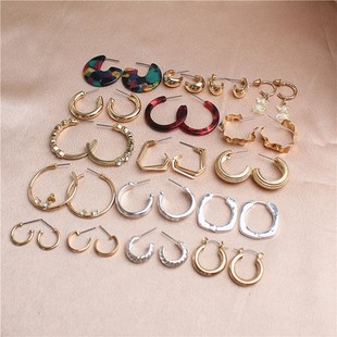 新款欧美风格金属C圈耳环镶水钻简约大气日常款潮流个性时尚耳钉
