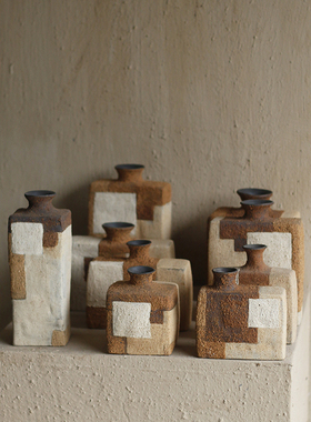 瓶十一 哲元 岩彩花瓶 莫兰迪风格 化妆土扩口方瓶 色块 日式手工