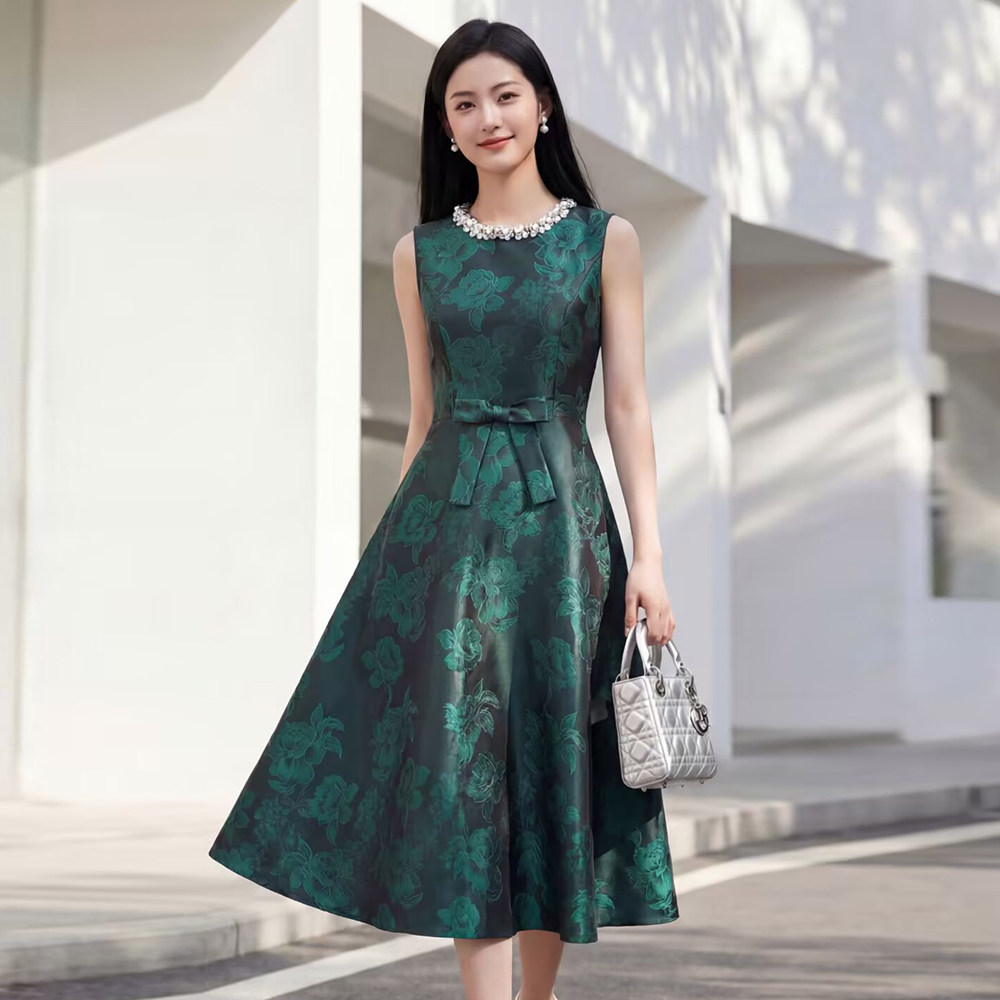 宫廷风气质礼服裙子夏季新款高级感提花女装法式蝴蝶结收腰连衣裙