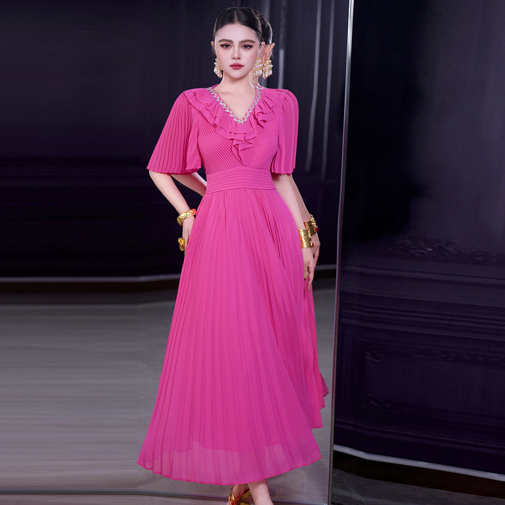 高级感法式长裙新款浪漫风V领短袖重工压褶荷叶边修身玫红晚礼服