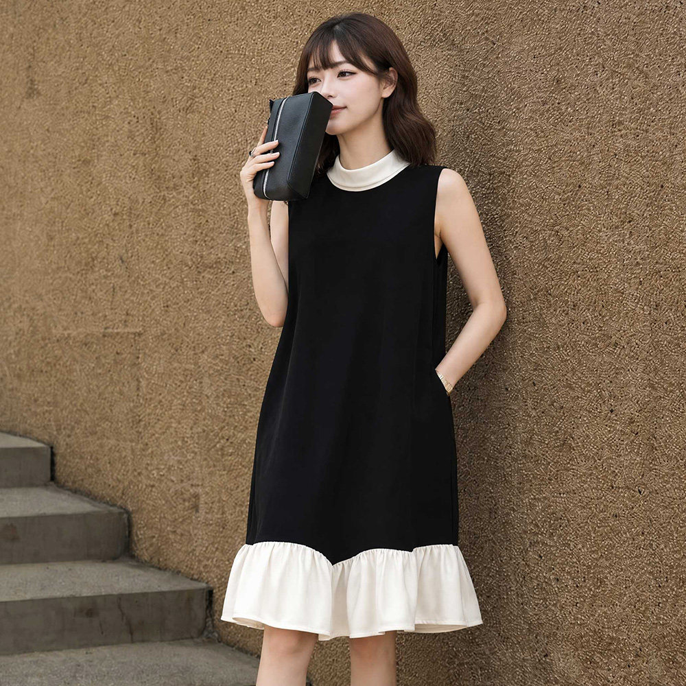 黑色无袖真丝绒连衣裙礼服