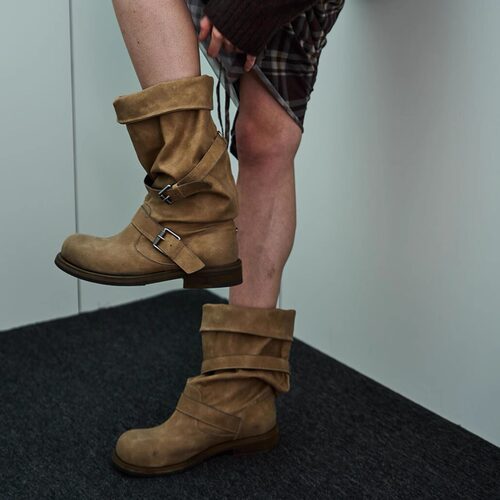 韩版中筒裤管靴做旧沙漠堆堆靴女