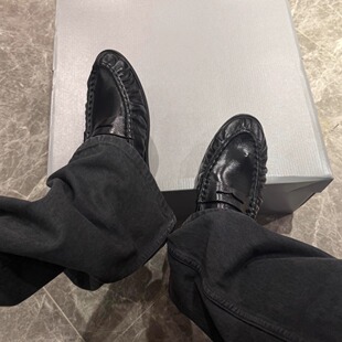男女同款复古褶皱乐福鞋暗黑小皮鞋懒人单鞋豆豆鞋软皮休闲德比鞋