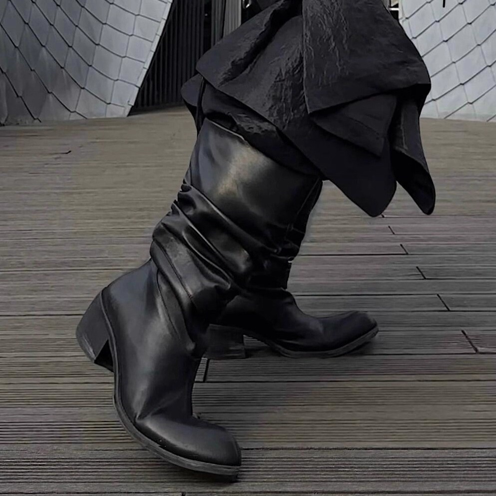 暗黑尖头中筒骑士靴褶皱堆堆靴男