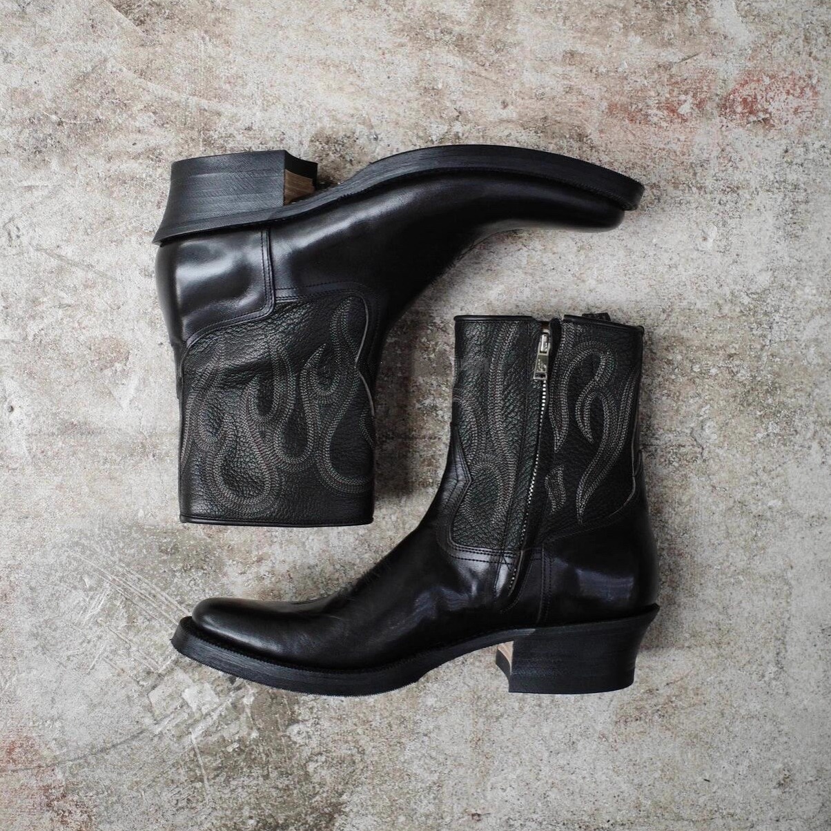 美式复古阿美咔叽刺绣西部牛仔靴