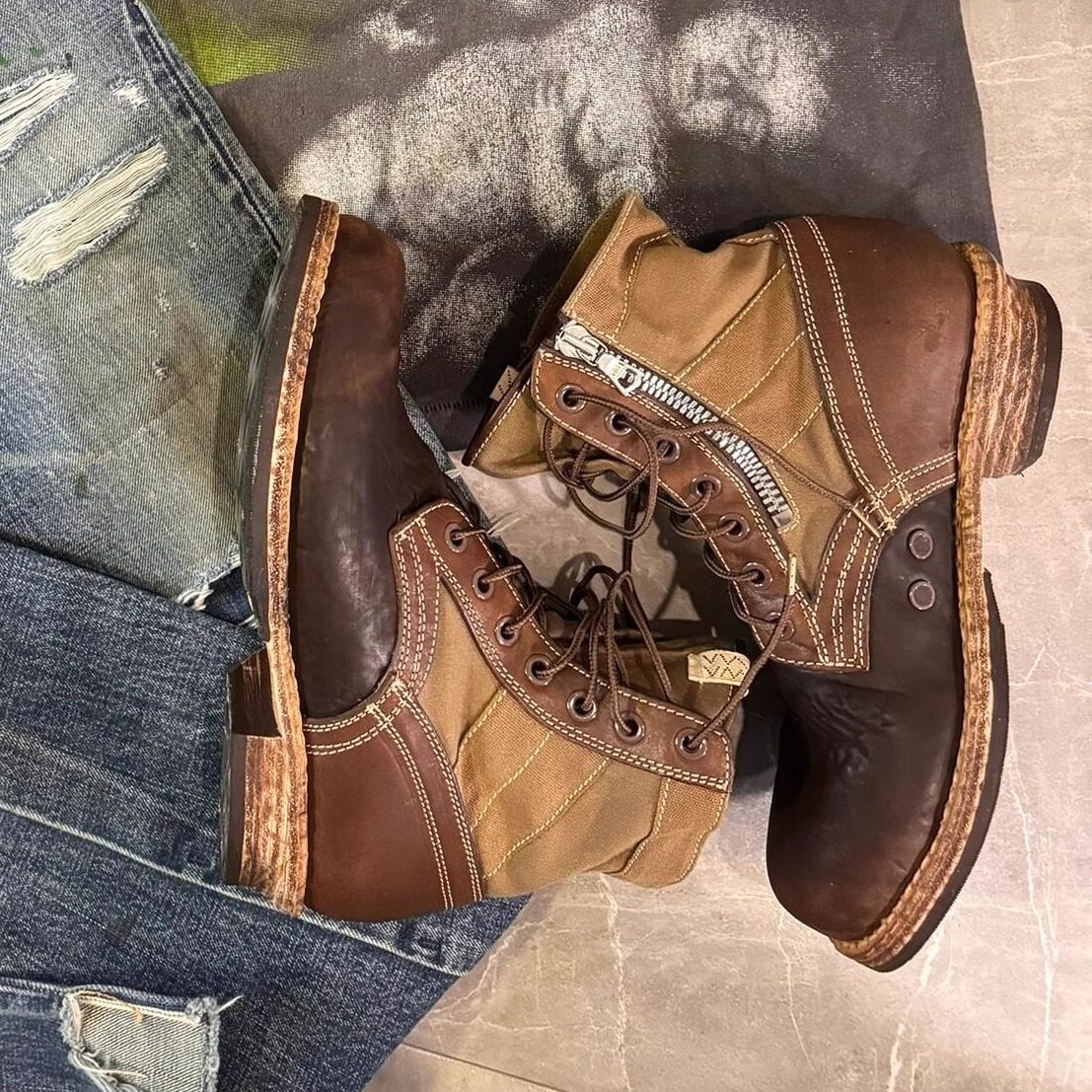 复古做旧马丁靴擦色机车靴男士拼接帆布高帮鞋骑士靴粗跟工程师靴,流行男鞋,马丁靴,淘宝优惠券,粉丝福利购,淘宝优惠卷