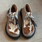 男女高帮奶牛乐福鞋 复古方头真皮马毛拼接系带英伦情侣厚底单皮鞋