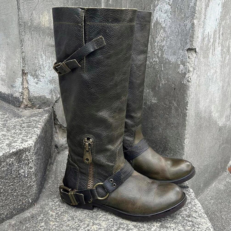 软皮深军绿厚底做旧废土风骑士靴