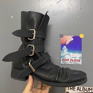 复古皮带扣编织骑士靴男女粗跟褶皱绑带暗黑朋克靴短筒西部牛仔靴