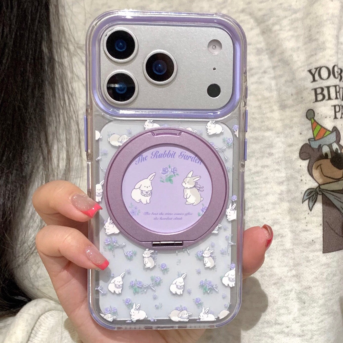 360°旋转折叠一体磁吸支架壳适用苹果17ProMax紫色碎花兔子手机壳iPhone16Pro可爱卡通13防摔15保护套14外壳