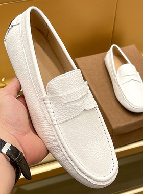 欧洲站时尚简约系纯白色男豆豆鞋男真皮2025年夏季套脚一脚蹬男士