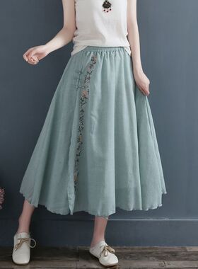 双层棉麻绣花2021年春新复古松紧腰a字中长裙子超仙大摆半身裙女