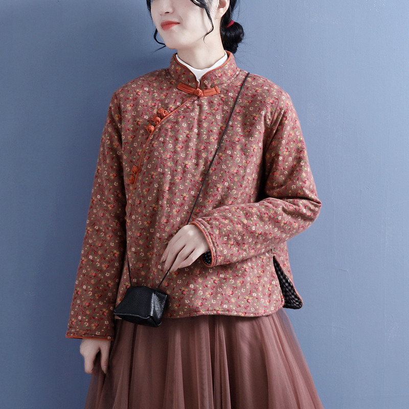 中式棉麻碎花棉服女2021秋冬加厚磨毛棉衣盘扣立领长袖夹棉棉袄
