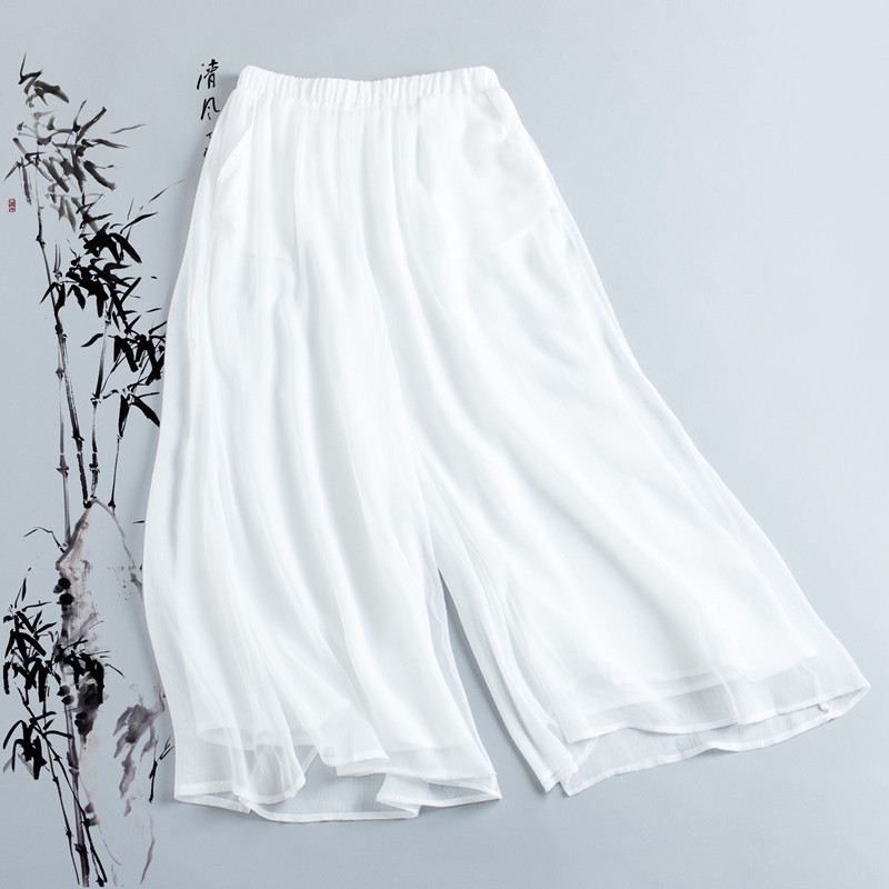 纯色仙女系薄纱双层阔腿裤长裤女夏宽松大码复古文艺飘逸甩裤薄款