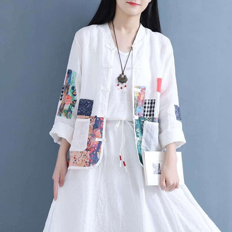 早秋新款民族风文艺亚麻刺绣贴布