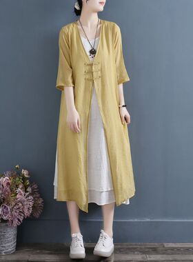 2021复古盘扣丝麻五分袖长款开叉外搭女式夏季薄款纯色飘逸防晒衫