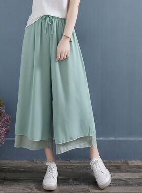 2021松紧腰双层雪纺薄纱飘逸阔腿裤女春夏裙裤文艺复古仙女九分裤