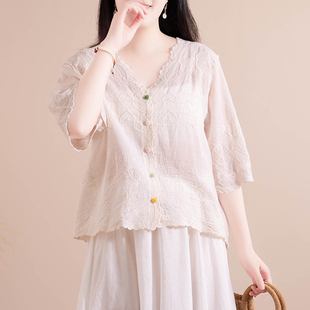 薄款 中国风复古V领彩扣开衫 上衣休闲宽松中袖 女2024夏季 外套 新款