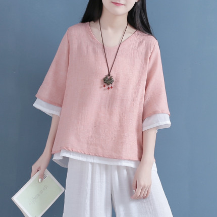 清袅棉麻上衣女双层假两件套盘扣衬衣禅意茶服中国风改良文艺素衣
