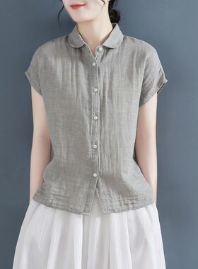 2022春夏复古百搭短袖宽松舒适简约娃娃领无袖双层棉纱衬衫女上衣