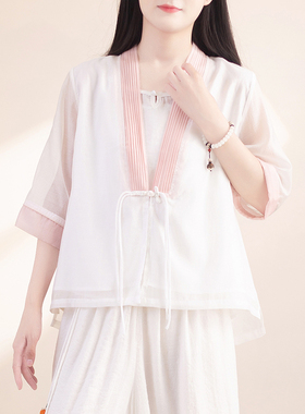 夏季V领宽松气质防晒上衣女编织盘扣汉服中国风文艺复古雪纺衫