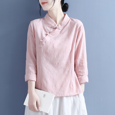 棉麻立领斜襟珠扣提花长袖上衣