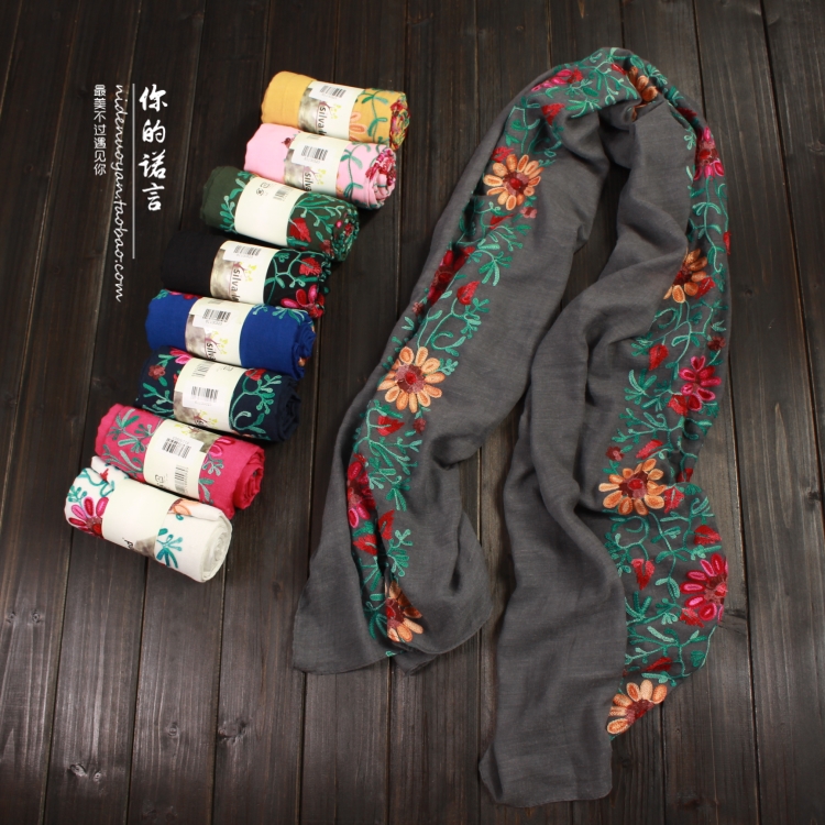 中国风文艺范刺绣春秋棉麻围巾