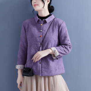 新款 宽松百搭复古中国风棉衣 加厚上衣女2021冬季 文艺棉麻夹棉衬衫