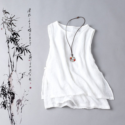 盘扣超薄双层棉纱打底小背心女夏棉麻大码无袖上衣文艺中国风吊带