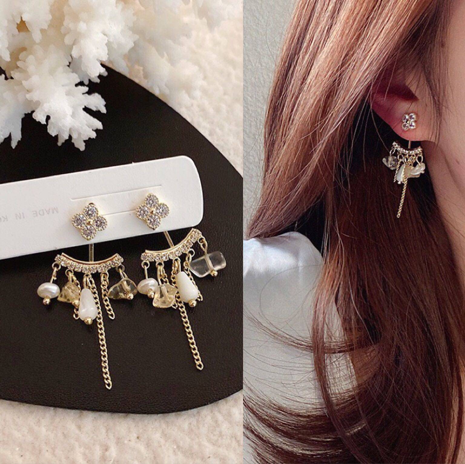 法式超仙女精致复古宫廷风流苏耳环精致锆钻水晶珍珠花朵链条耳饰