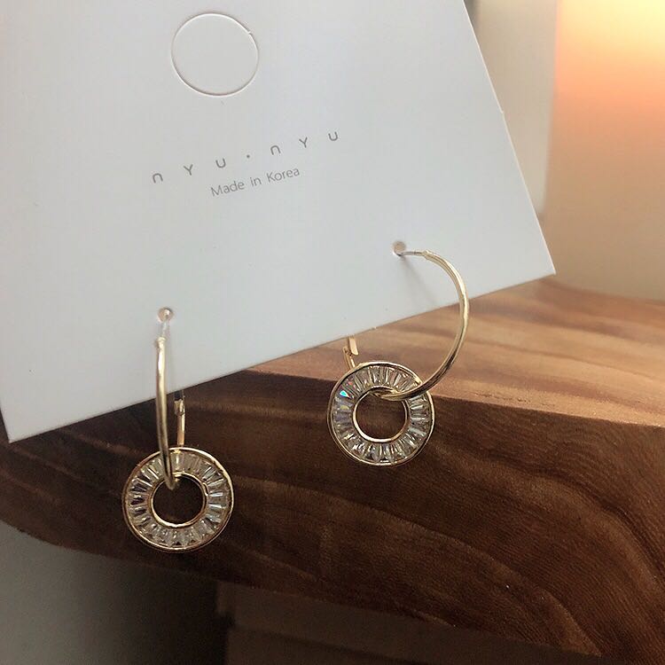 韩国气质个性时尚精致超闪几何圆圈锆钻超仙双环耳坠耳饰耳钉耳环