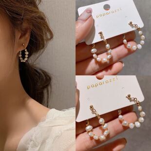 韩国时尚设计师缠绕珍珠个性耳圈半弧形几何后挂式潮人耳钉耳环女