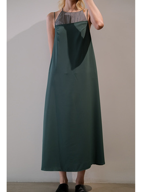 GNAY春夏新款细吊带日本仿醋酸女士清凉长款墨绿色无袖通勤连衣裙