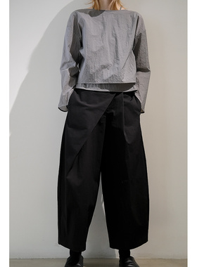 GNAY副线春夏新款日本棉质抗皱斜褶不对称设计感萝卜裤黑色长裤