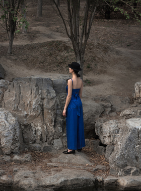 UIL.GNAY设计师品牌高端线宝蓝色重磅真丝双面缎露背绑带连体裤