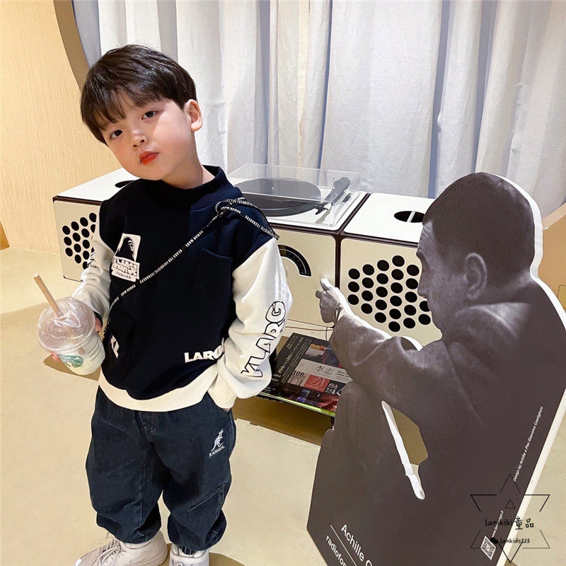 LANIKIKI 春秋新款 儿童蓝白撞色休闲字母印花毛圈卫衣