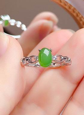 纯银镶嵌天然和田碧玉戒指开口女