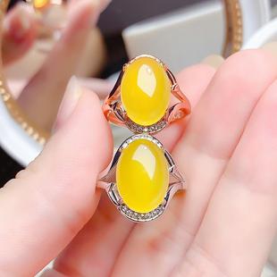 S925纯银镶嵌天然黄玉髓戒指开口戒女食指鸽子蛋戒指椭圆形玛瑙戒